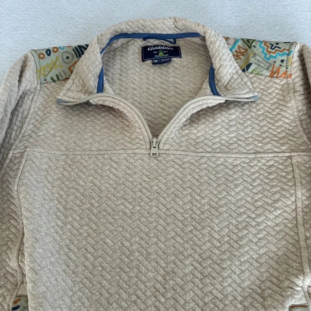 Chubbies‎ The Sandstorm Quilted Sweatshirt Beige Chevron Quarter 1/4 Zip Medium